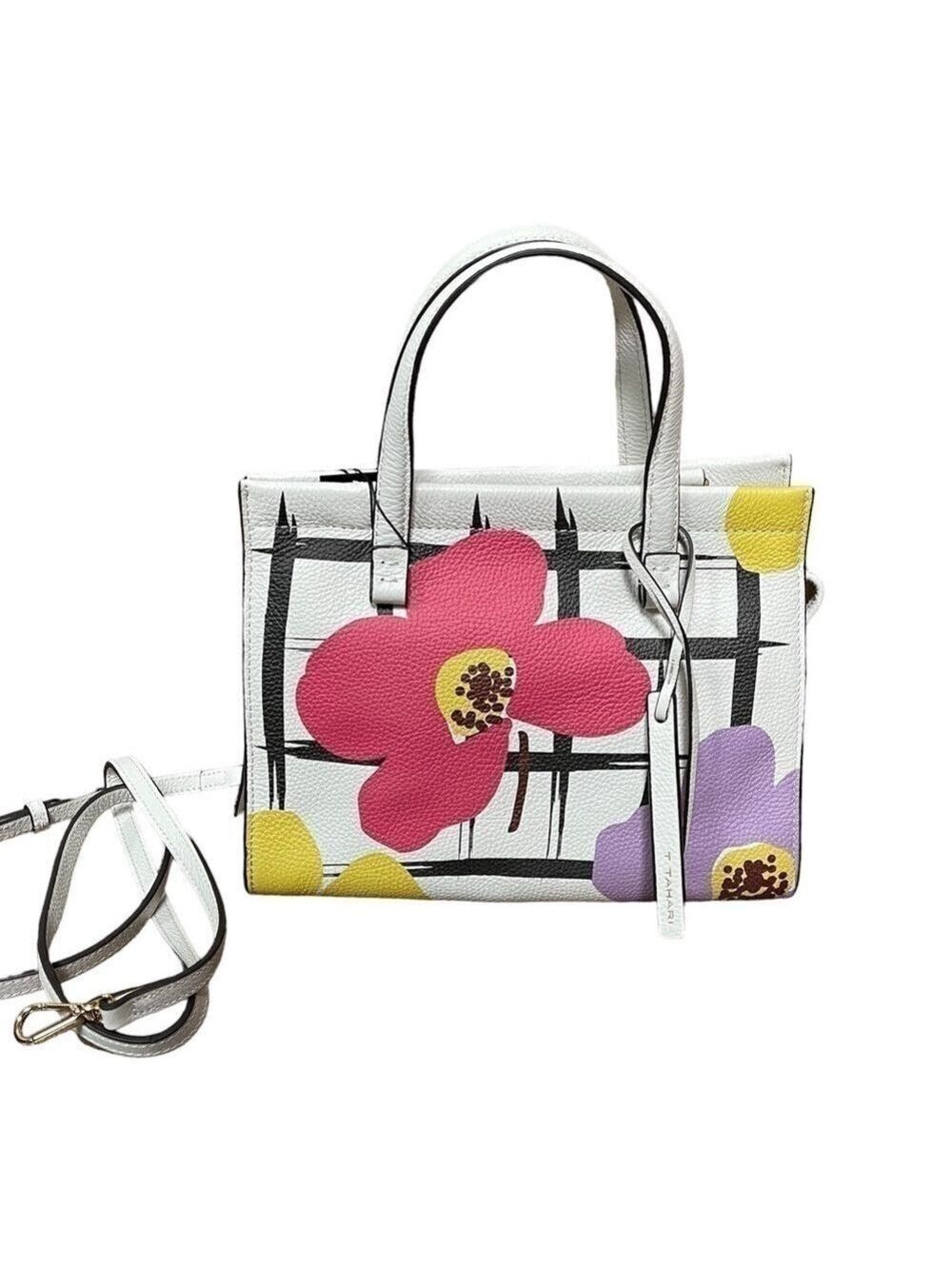 Tahari NWT Mini Leather Sachel Bag Purse Crossbody white w floral front